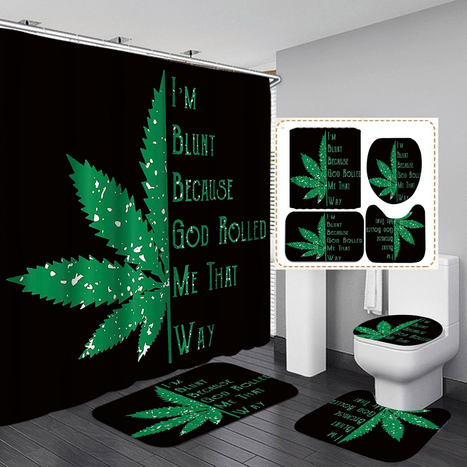 Jayden Madge 4PCS Marijuana Shower Curtain Set, Cool Quotes Psychedelic Hippie