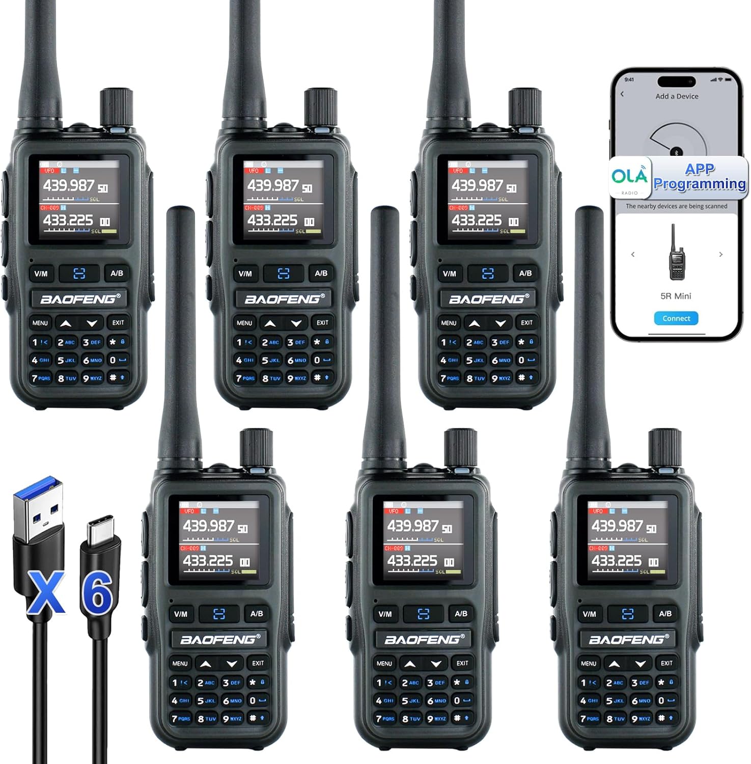 Baofeng UV-5R Mini Handheld Ham Radio Long Range Two Way Radio Dual PTT Rechargeable Walkie Talkies Longe Range NOAA Weather Radio APP Programming 999CH USB-C Charging Survival Radio 6 Pack