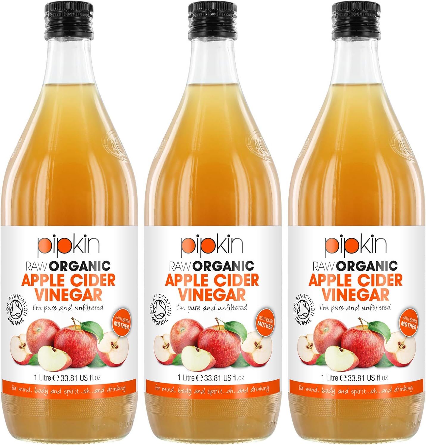 Pipkin Raw Organic Apple Cider Vinegar with The Mother, Non-GMO, Pure Unrefined and Unfiltered, Vegan and Vegetarian Friendly, Kosher 3X 1000ml Triple Pack (Glass Jar)