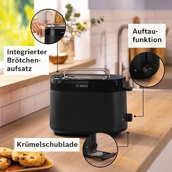 Bosch Compact Toaster MyMoment TAT2M123 Integrated Bun Attachment with Defrost Function Automatic Shut-Off Lift Function Bread Centring Perfect for 2 Slices 800 Watt Matte Black
