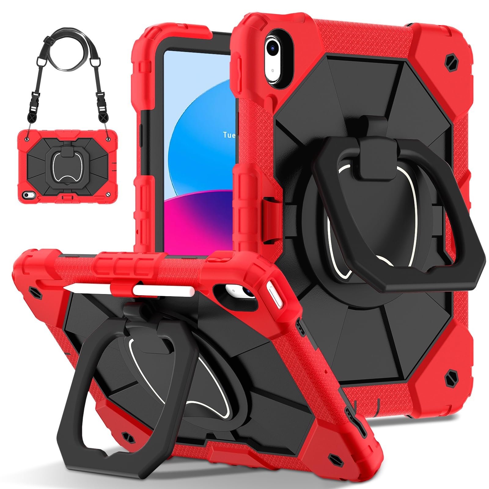 Pokrowiec ochronny na tablet Etui kompatybilne z iPadem 10. generacji 10,9 cala 2022, wytrzymała, odporna na wstrząsy obudowa, etui ochronne z obrotową podstawką 360 stopni + pasek na rękę + pasek na