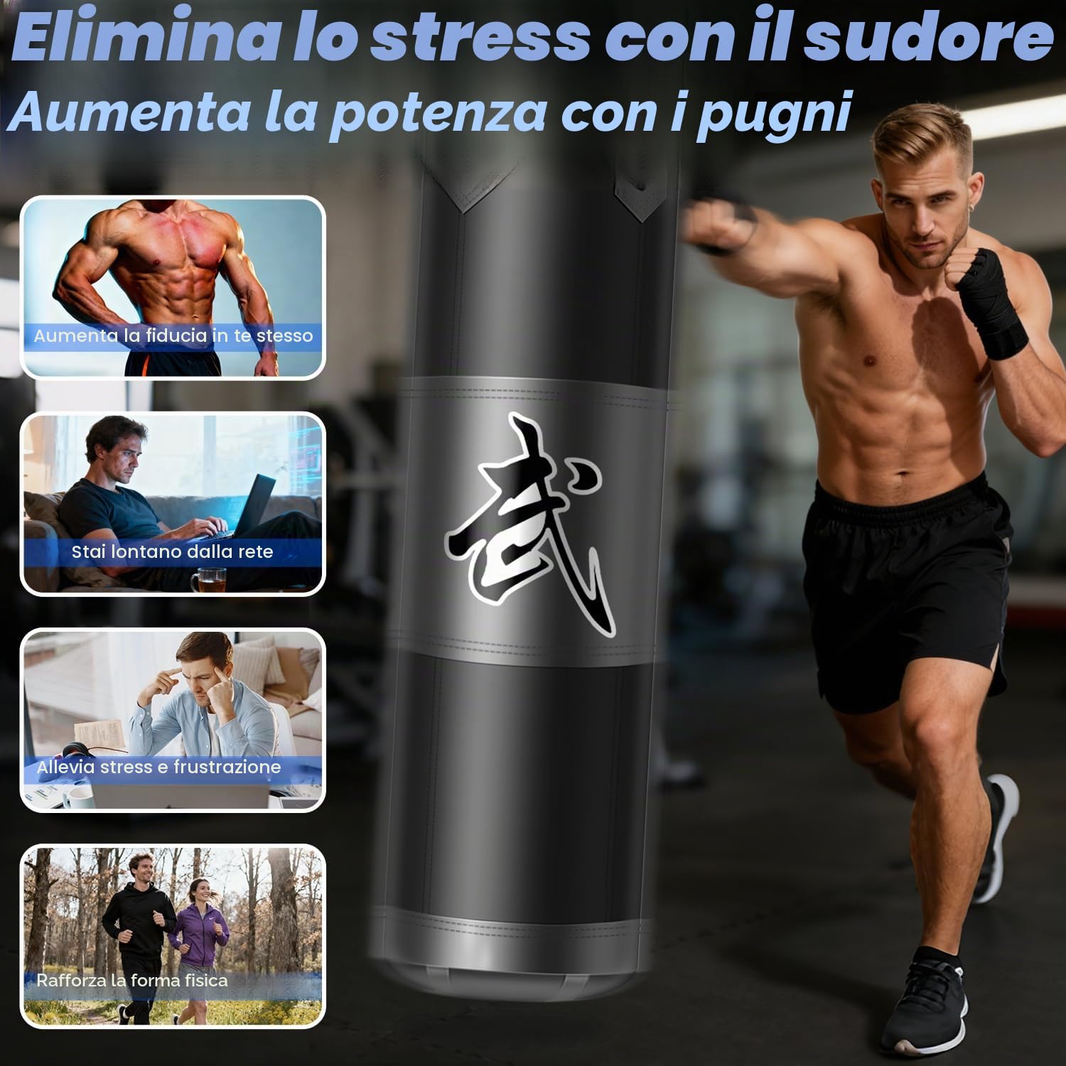 Sacco da Boxe per Adulti, Adolescenti e Bambini, 120 cm Tessuto Oxford, con Gancio a Soffitto, Catena, Bende, Parapolsi per MMA, Karate, Kickboxing, Boxe Home-Gym (Non Imbottito)