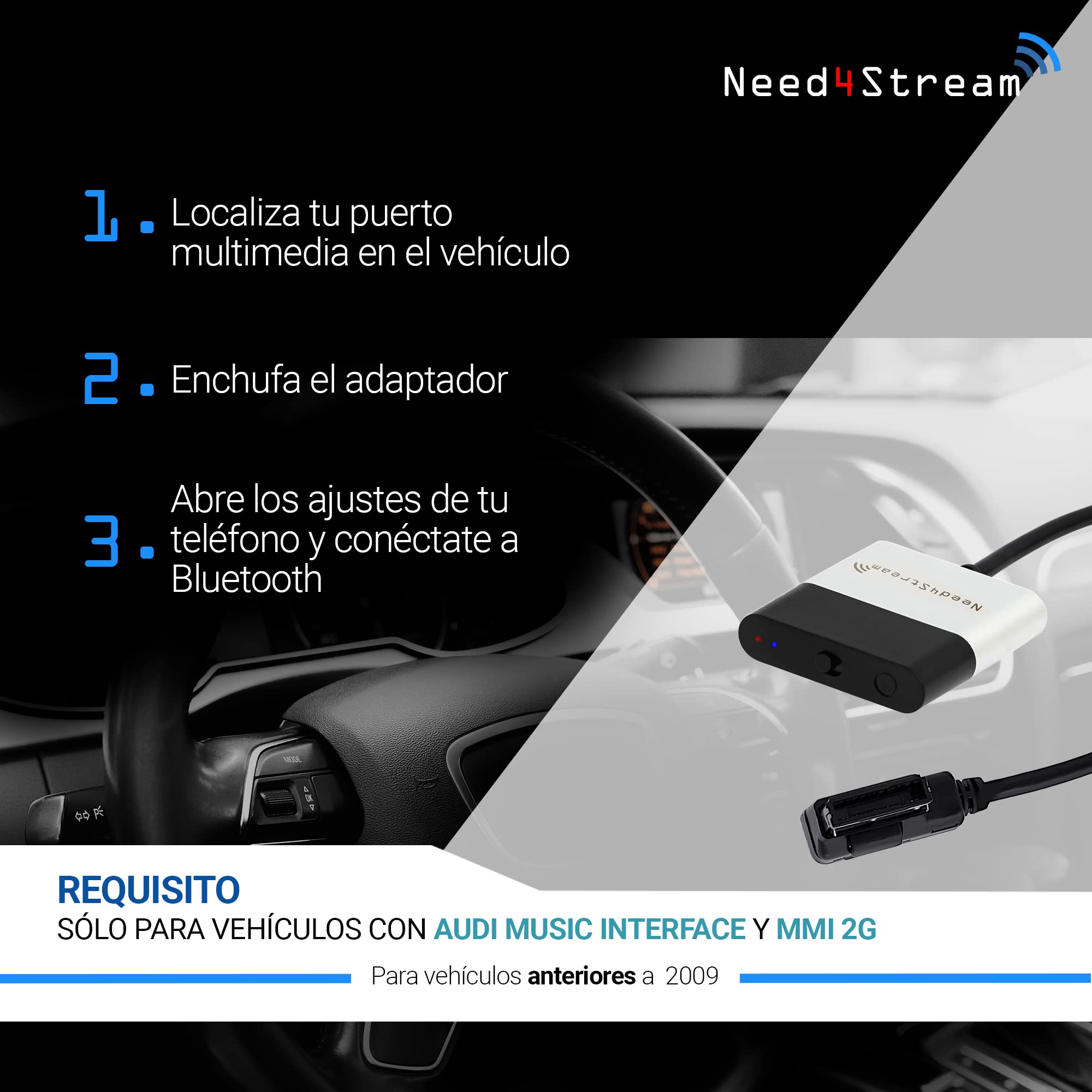 Interfaz de Audio Bluetooth con Listas de Canciones, N4S300A-2G A2DP, Compatible con Audi Music Interface y MMI 2G, Apto para iPhone y Smartphone Android