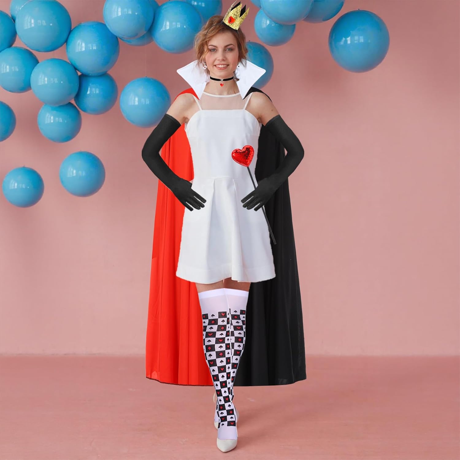 Halloween Queen Costume Set Include Black Red Cape Black Gloves Queen Crown Wand Stockings Earrings and Red Heart Necklace for Women Halloween Costume Fancy Dress Up - Image 7