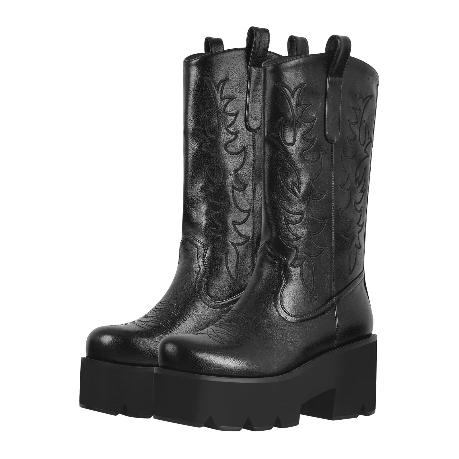 richealnini Mid Calf Boots for Women Embroidered Pull-On Knee High Booties