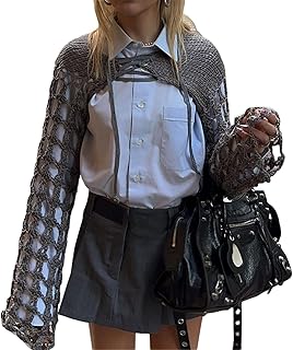 Women Y2K Knitted Long Sleeve Crochet Shrug Top Hollow Out Patchwork Striped Super Crop Sweater Tops