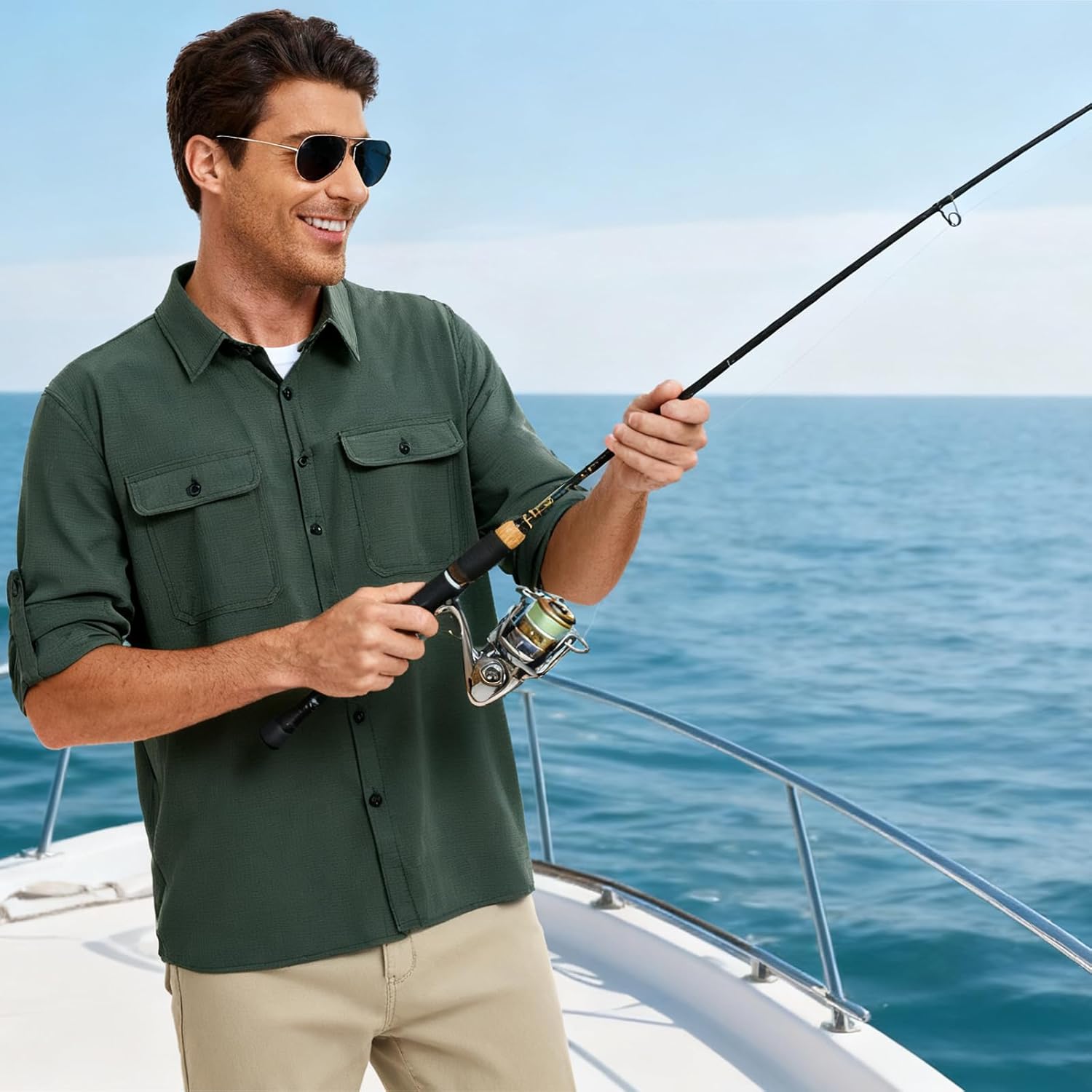 Men's UPF 50+ Sun Protection Fishing Shirts Long Sleeve Quick Dry Cooling Hiking Safari Button Down Shirt Roll Up Sleeve - Image 3