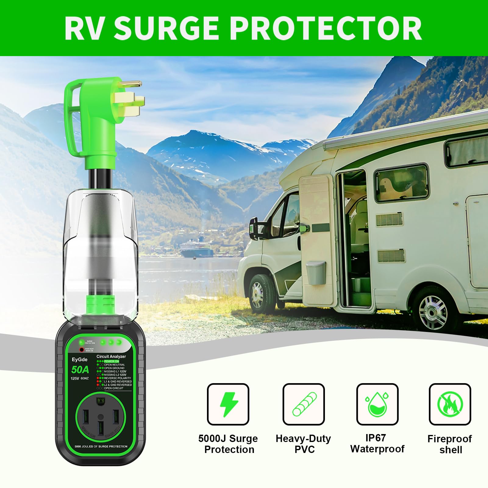 EyGde RV Surge Protector 50 Amp Upgraded 5000 Joules