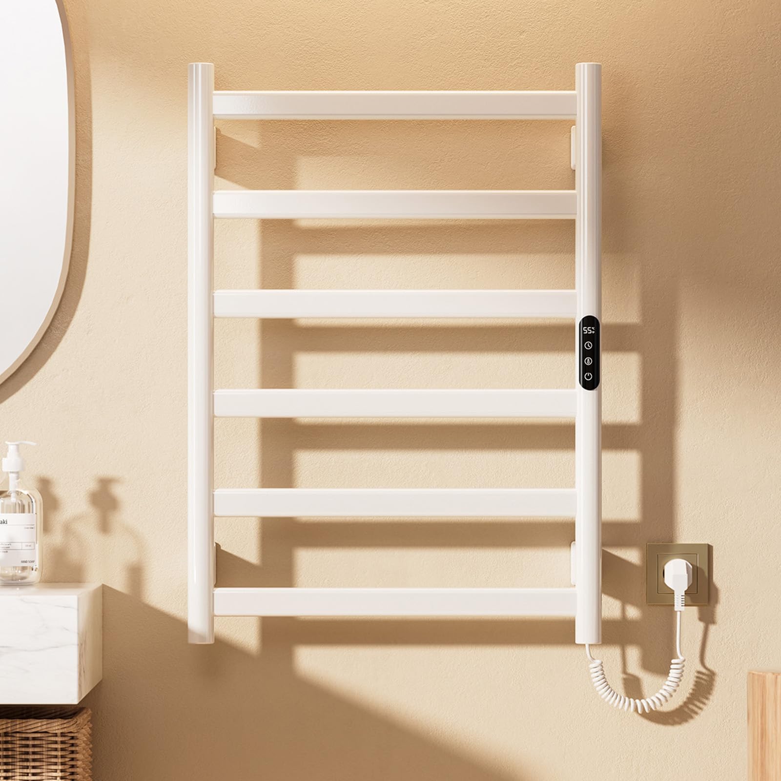Radiador Toallero Eléctrico Baño, 175 W Radiador Calienta Toallas de Toallero, Toallero Calentado Temperatura Ajustable 30–70 °C, Temporizador 1-9 H y Pantalla táctil LED, IPX4, 50x70cm, Blanco