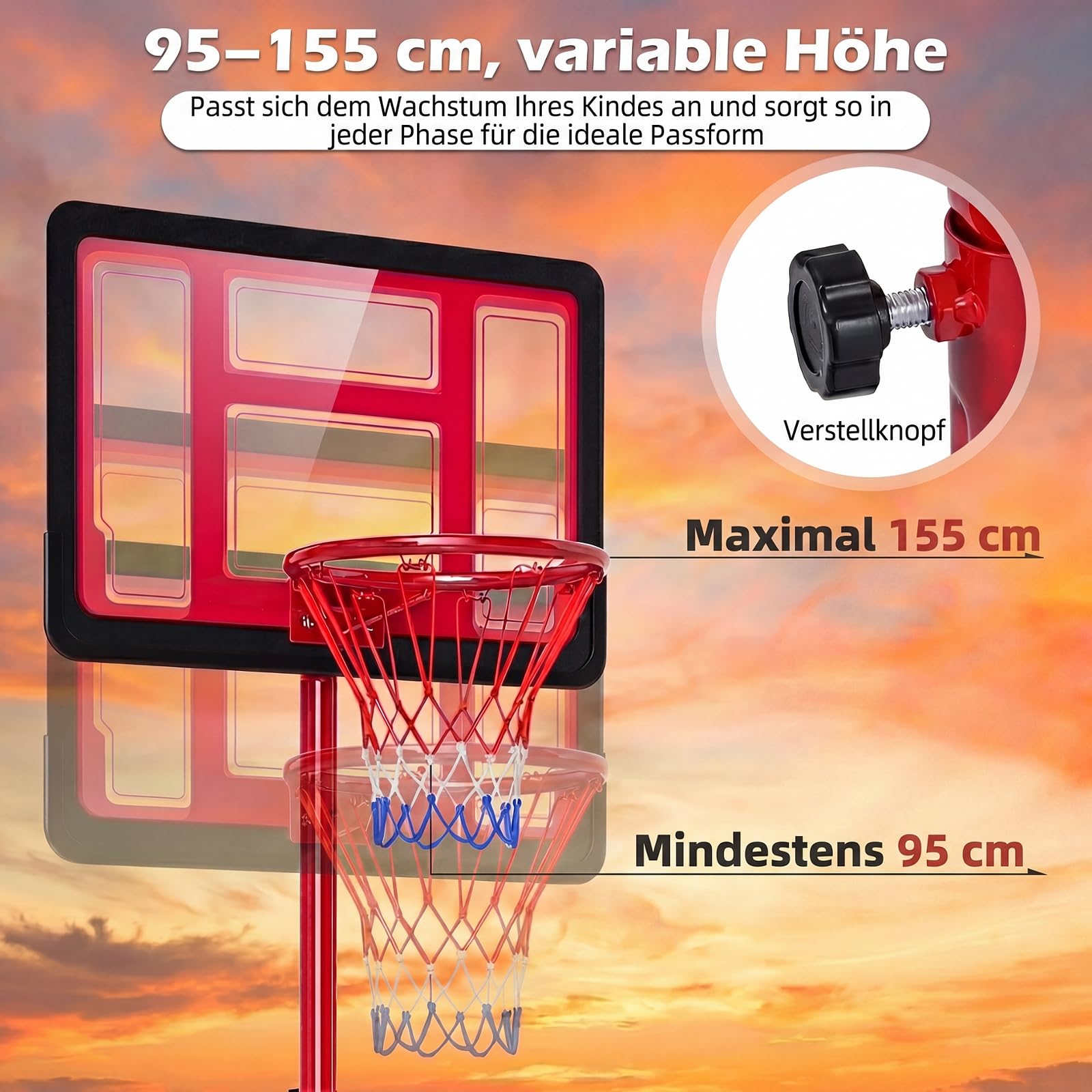GYMAX Basketballkorb Outdoor, Korbhöhe 141-273.5 cm höhenverstellbar, Basketball Korb mit Rollen & befüllbarer Basis, Mobile Basketballanlage für Kinder, Erwachsene