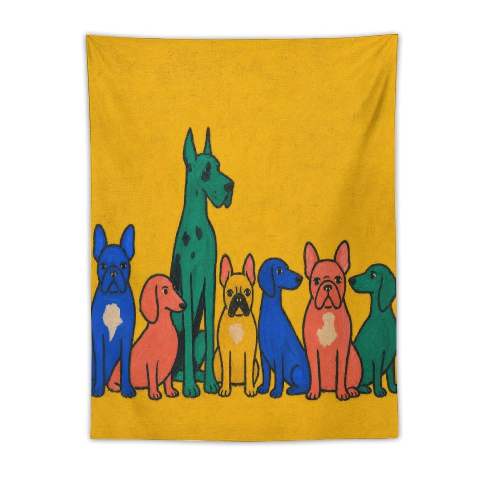 H3B8U2Y5 Colorful Dog Group Wall Tapestry, Pop Art Style, Yellow Background