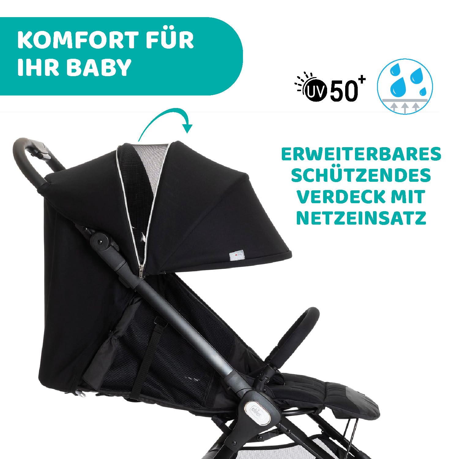 Chicco We Kinderwagen, faltbar, ultraleicht, ab Geburt bis 22 kg, Reise-Kinderwagen, ultra-kompakter, neigbar, EinHand-Verschluss, gepolsterte Schultergurte, Tasche und Regenschutz, Schwarz