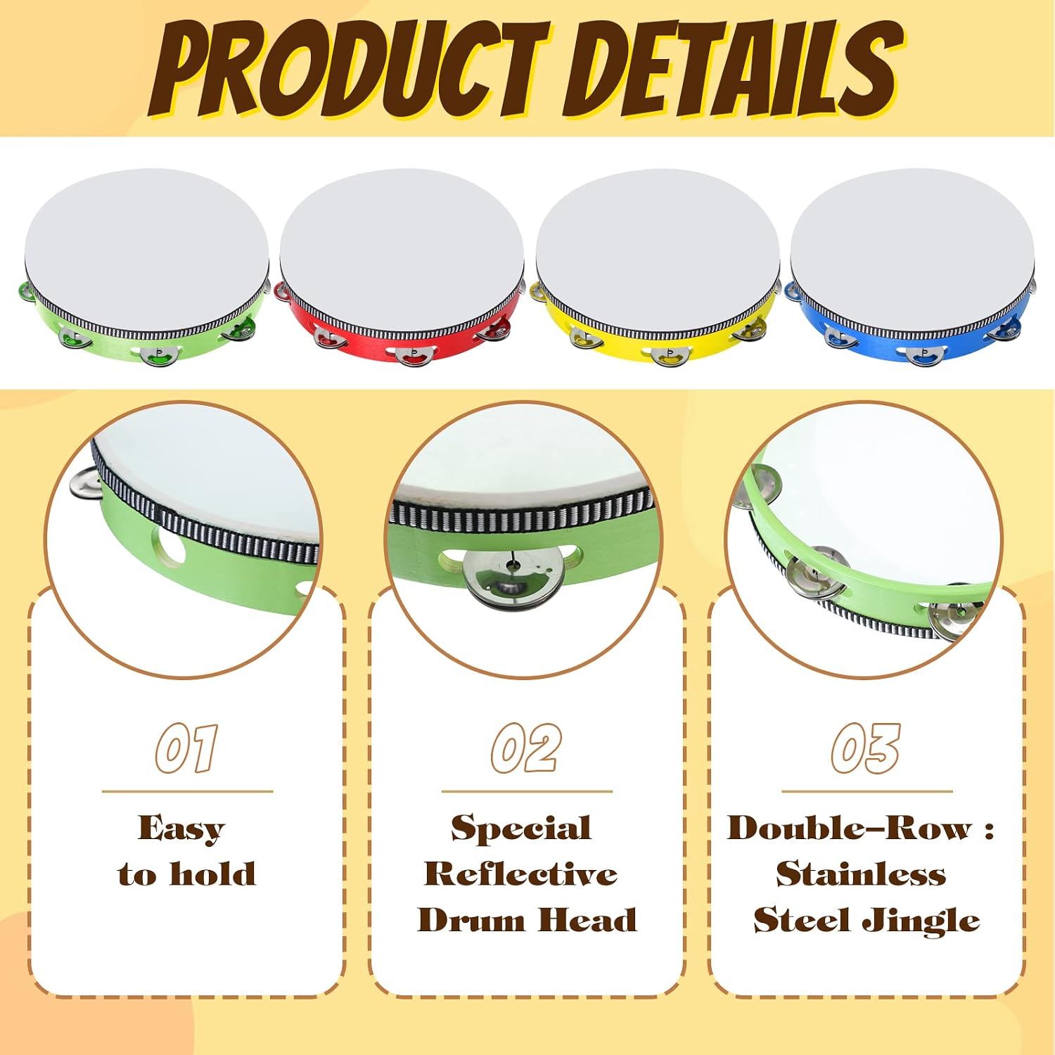 4 Pcs Tambourines for Adults 10 Inch Hand Held Drum Bell Birch Metal Jingles Single Row Wooden Tambourine Rhythm Educational Musical Instrument Percussion for Church KTV Party Gifts image 3