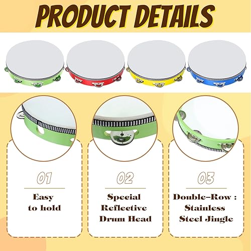 Miniatura 3 de 4 panderetas para adultos de 10 pulgadas, campanas de tambor de mano de abedul de metal, melancías de metal de una sola fila, pandereta de madera,