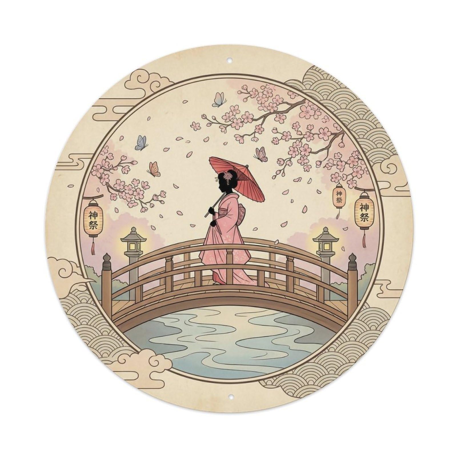 Yrnq 8X8inch Vintage Style Japanese Kimono Lady Sakura Rain Bridge Romantic Imagery Metal Tin Sign