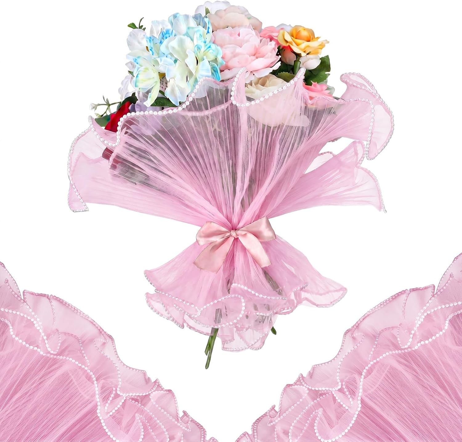 Elegaperma 12 Yd Pearl Mesh for Bouquets,Pearl Ruffle Flower Wrapping Paper