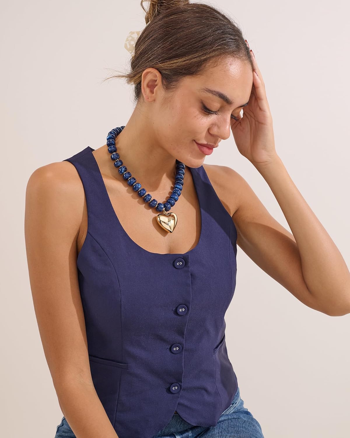 Gold Heart Pendant Necklaces for Women Colorful Acrylic Resin Beaded Choker Necklace Fashion Chunky Statement Beaded Heart Necklace - Image 4