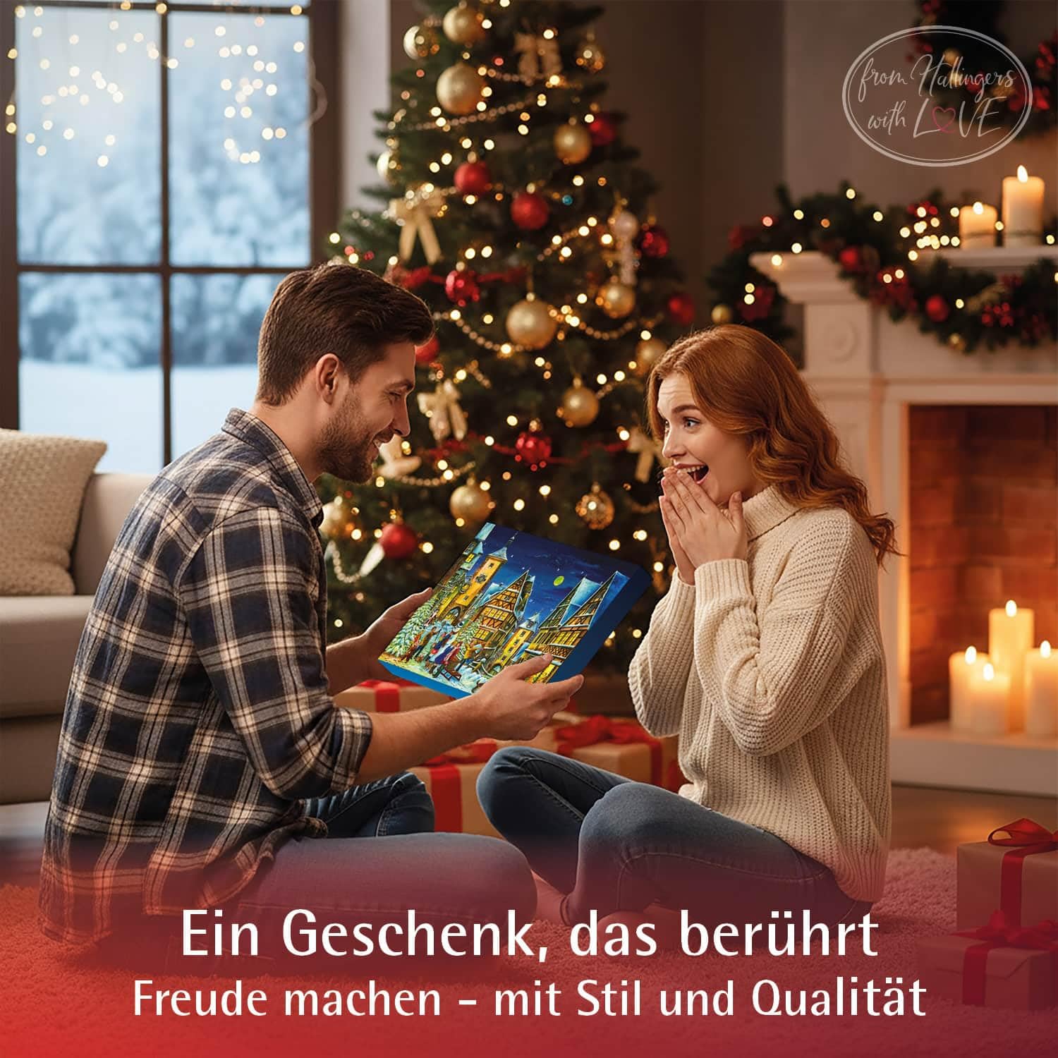 Hallingers Genuss Manufaktur Pralinen Adventskalender - ohne Alkohol, handmade aus Confiserie-Edelkakao in wertigem Softfeel-Karton "Rothenburg", Weihnachtskalender für Frauen Männer