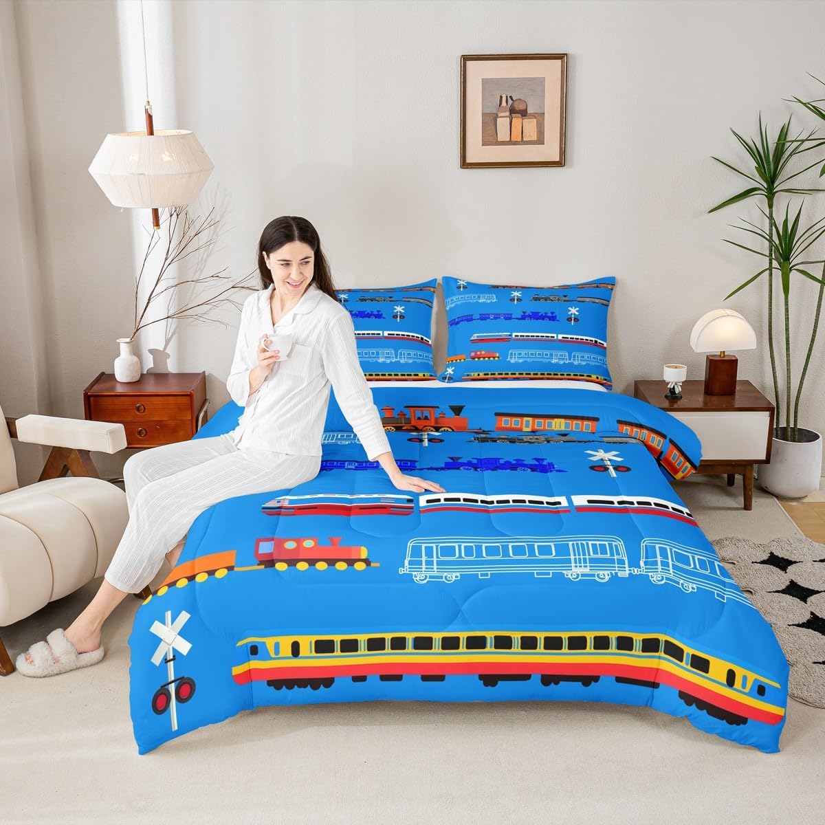 Erosebridal Train Full Comforter Set for Boys,Cartoon Car Bedding Set for Kids Boys Girls Toddler,Vintage Car Down Comforter,Retro Steam Railway Rail Traffic Light Duvet Set Bedroom Decor,Blue 3Pcs