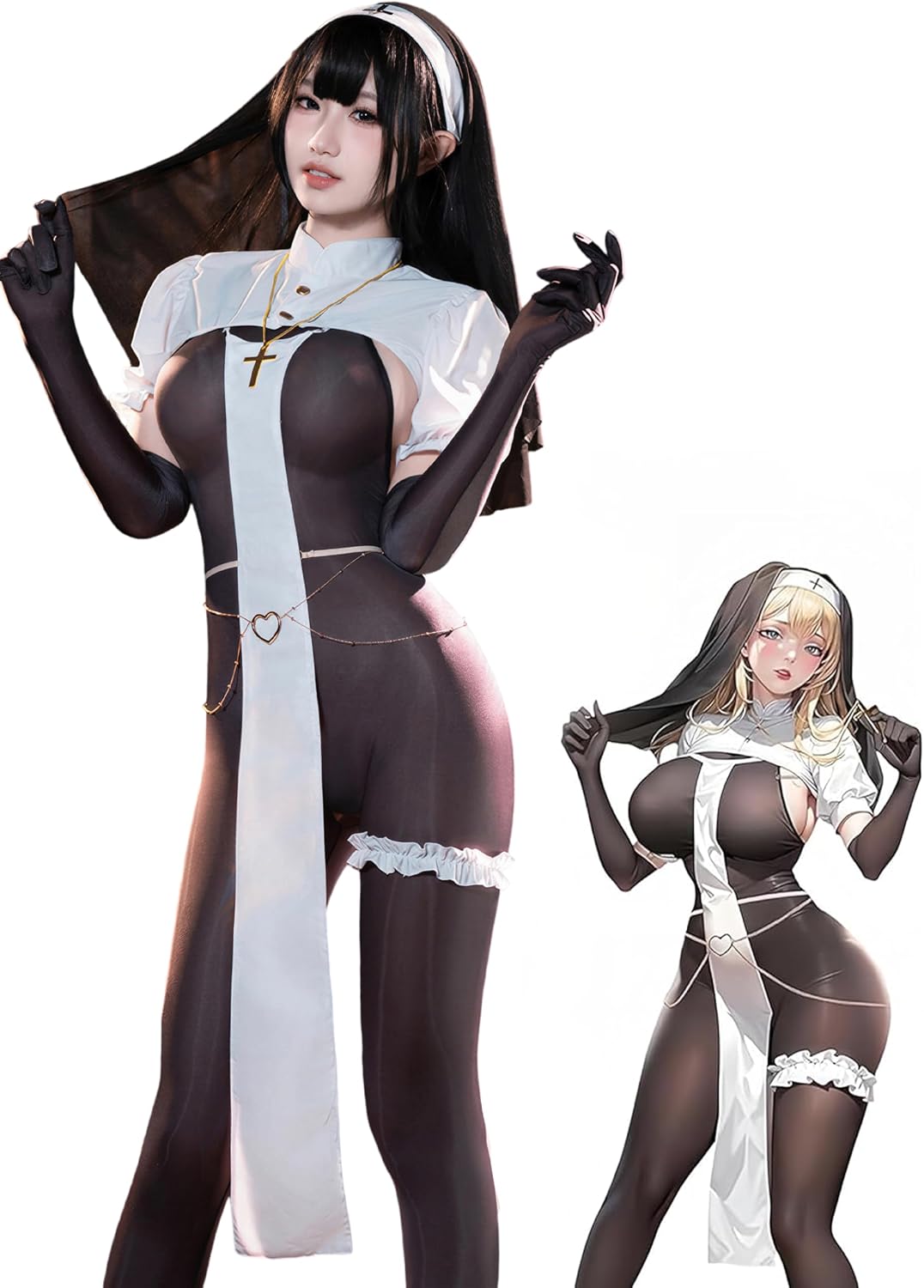 Sexy Nun Lingerie Set 9 Piece Bodysuit Chain Cosplay S-M