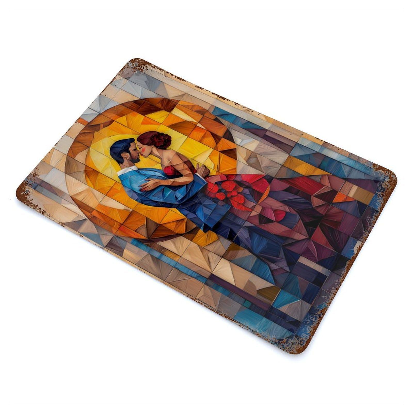 The Kiss Stained Glass Mosaic Artwork Decorative Tin Sign 11.8"x7.9", Old School Wall Decor for Garage, Pub Or Kitchen