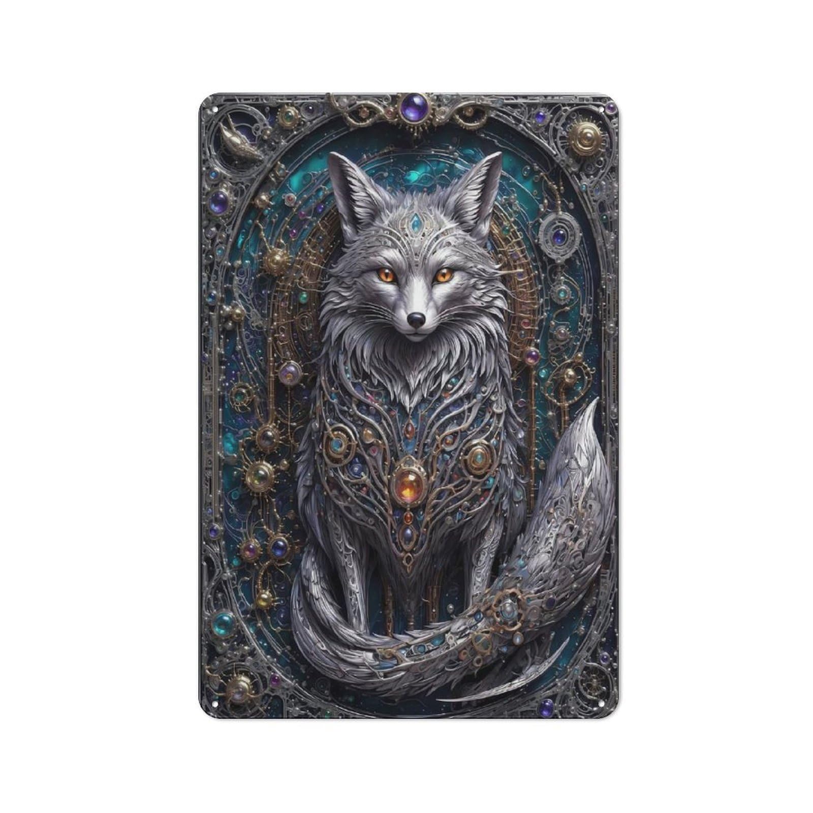 Junmoney Style-5 Tin Wall Plaque 30X20cm With White Steampunk Fox For Living Room Or Hallway, For Vintage Wall Decor Fans, For Themed Room Decoration