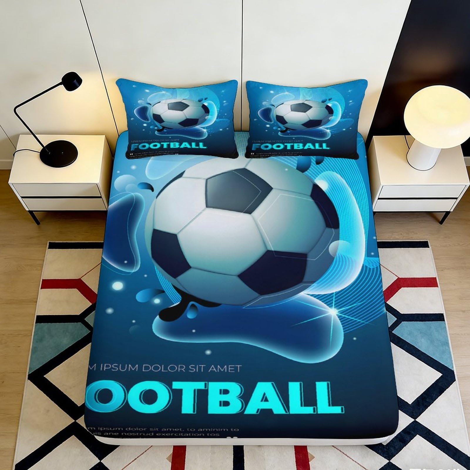 3D Printed Football Splash Fitted Sheet Microfiber Soft Blue Soccer Bed Cover for Bedroom Guest Room Decor 90x200x25cm