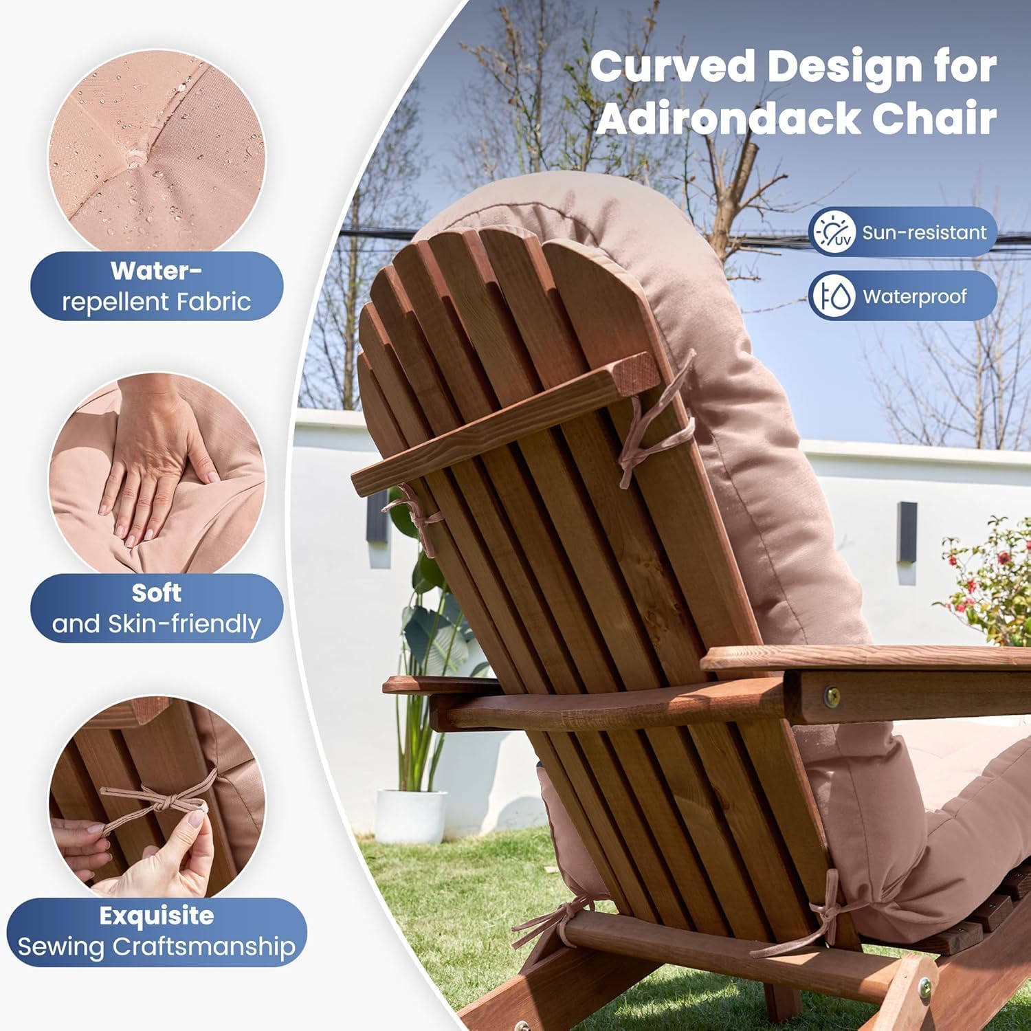 Amopatio Adirondack Chair Cushions 4" Thick Set - Outdoor Cushions for Patio Furniture, Contoured Design with Anti-Slip Straps & Water-Resistant Fabric for Adirondack Chairs, Khaki