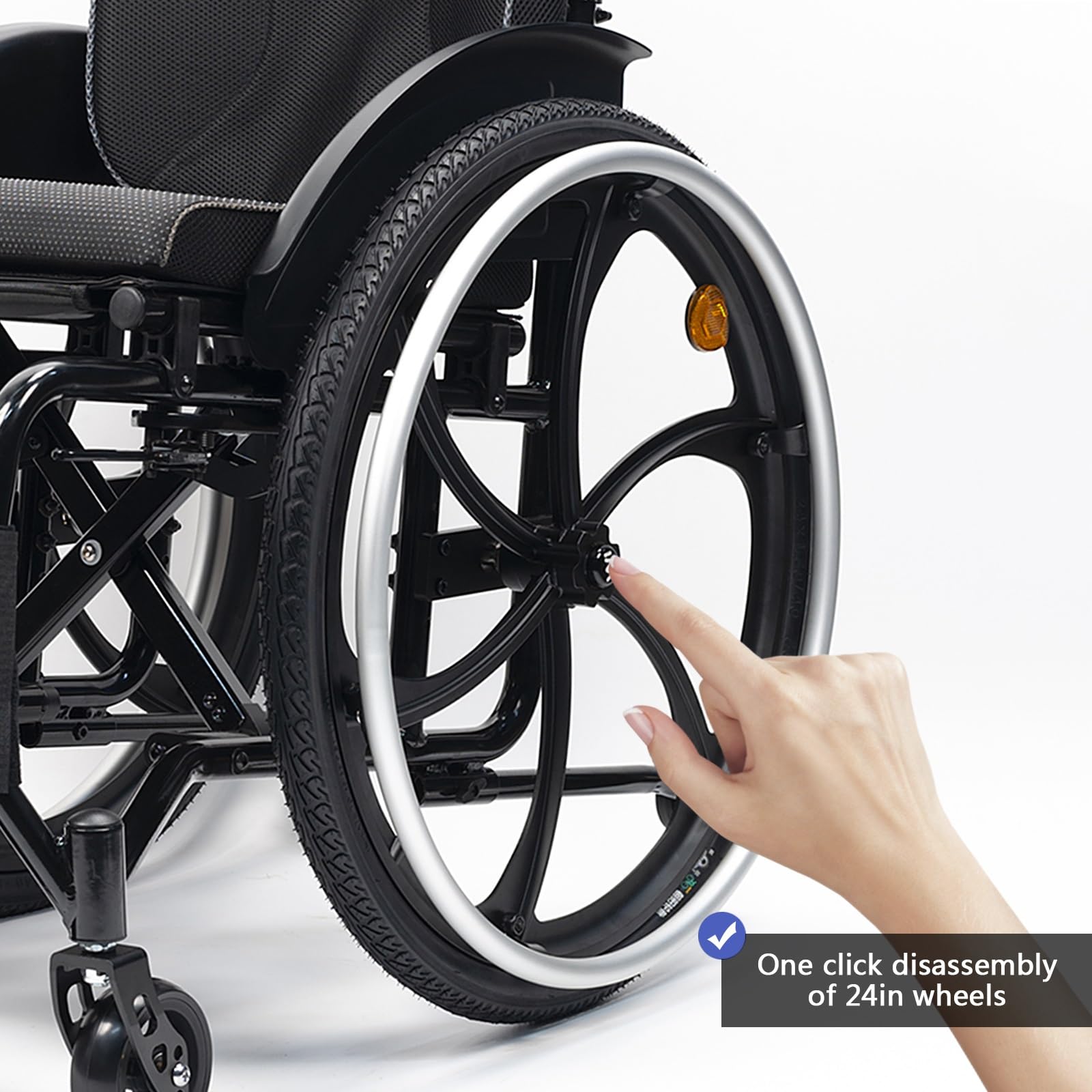 Sedia a rotelle sportiva for tutti i terreni, sedia a rotelle manuale semovente, pieghevole, portatile, lega di alluminio, nero, stile moderno, capacità di carico di 220 libbre(42cm/16.5in)