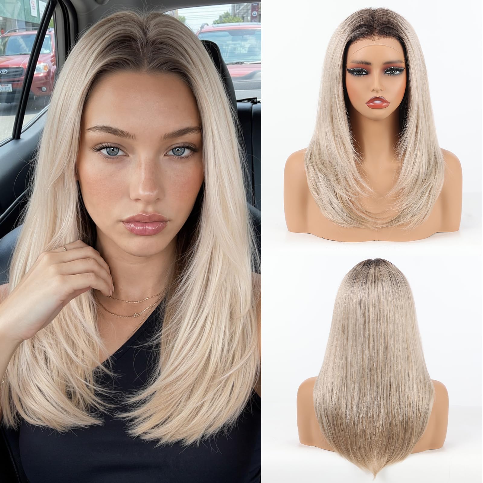 HAIRCUBE Human Hair Wigs Lace Front Wig Ombre Cool Blonde Wig Glueless Layered Shoulder-Length Wigs for Women, Human Hair Blend, 13"×5"×1" HD Lace, 18 Inch Dail