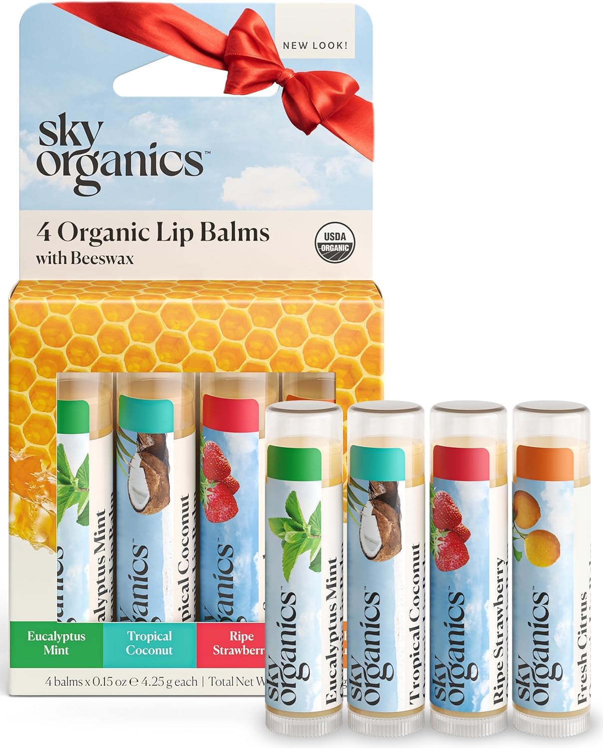 Sky Organics Organic Lip Balms With Beeswax for Lips USDA Certified Organic Four Assorted Flavors to Moisturize Soothe