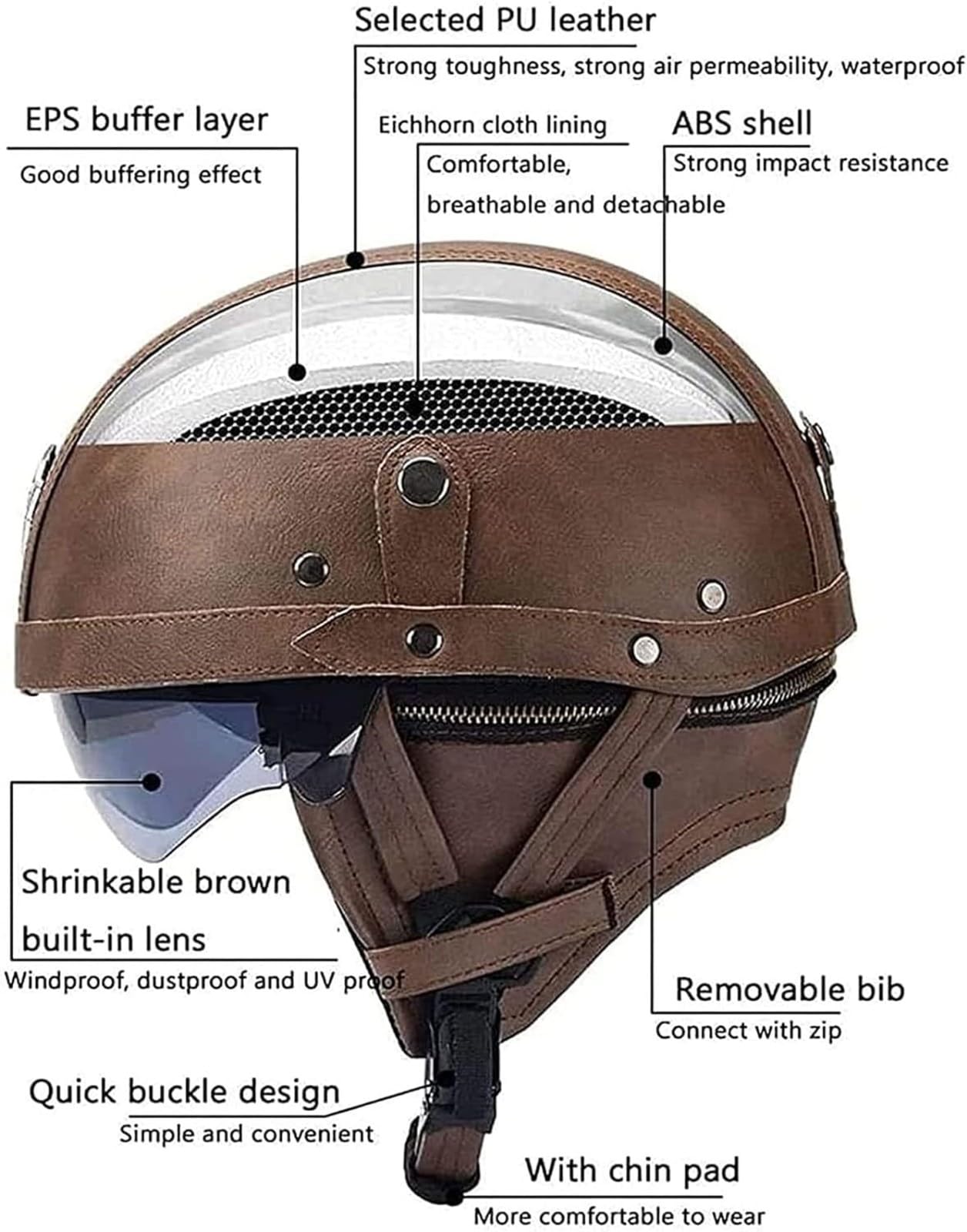 Deutsche Leder Motorrad Halbhelme Retro Halbschalenhelm Jet Helm Mit Visier Schnellverschluss Schnalle Für Cruiser Chopper Biker Moped DOT/ECE-Zulassung