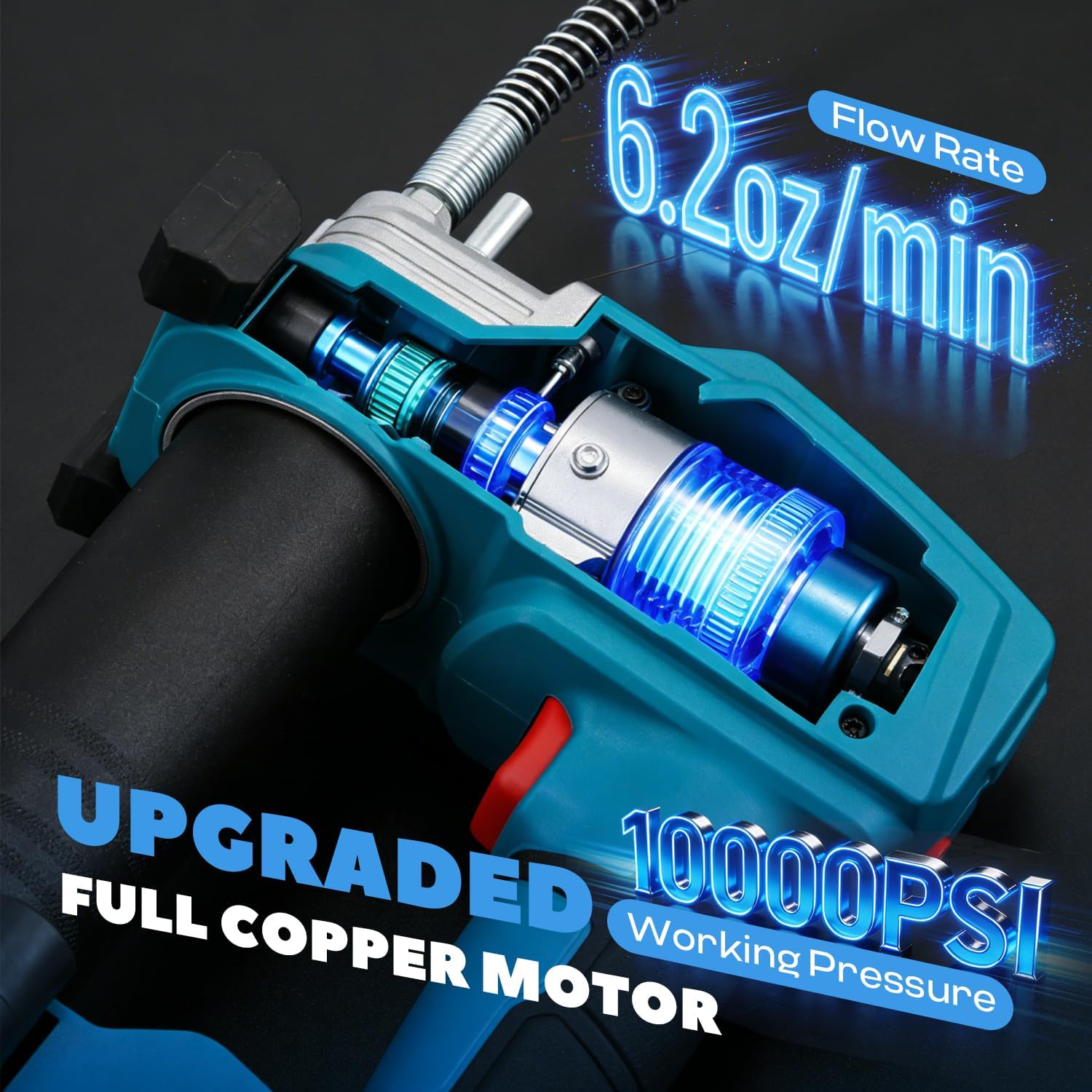 Electric Grease Gun 10,000 PSI 6.2 oz/min Cordless Grease Gun with 2X2.0AH Batteries, 31.5" Flexible Hose& LED Light for Farmers, Mechanics, Truck, Construction, Heavy Equipment (Blue)