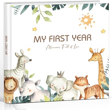 Hyggartn Baby Album  My First Year    Memory Book for Baby s First Year, 84 Pages 21   21 cm with Stickers   Woodland & Safari Animal Design   Gift for Newborns, Baby Shower & Christening