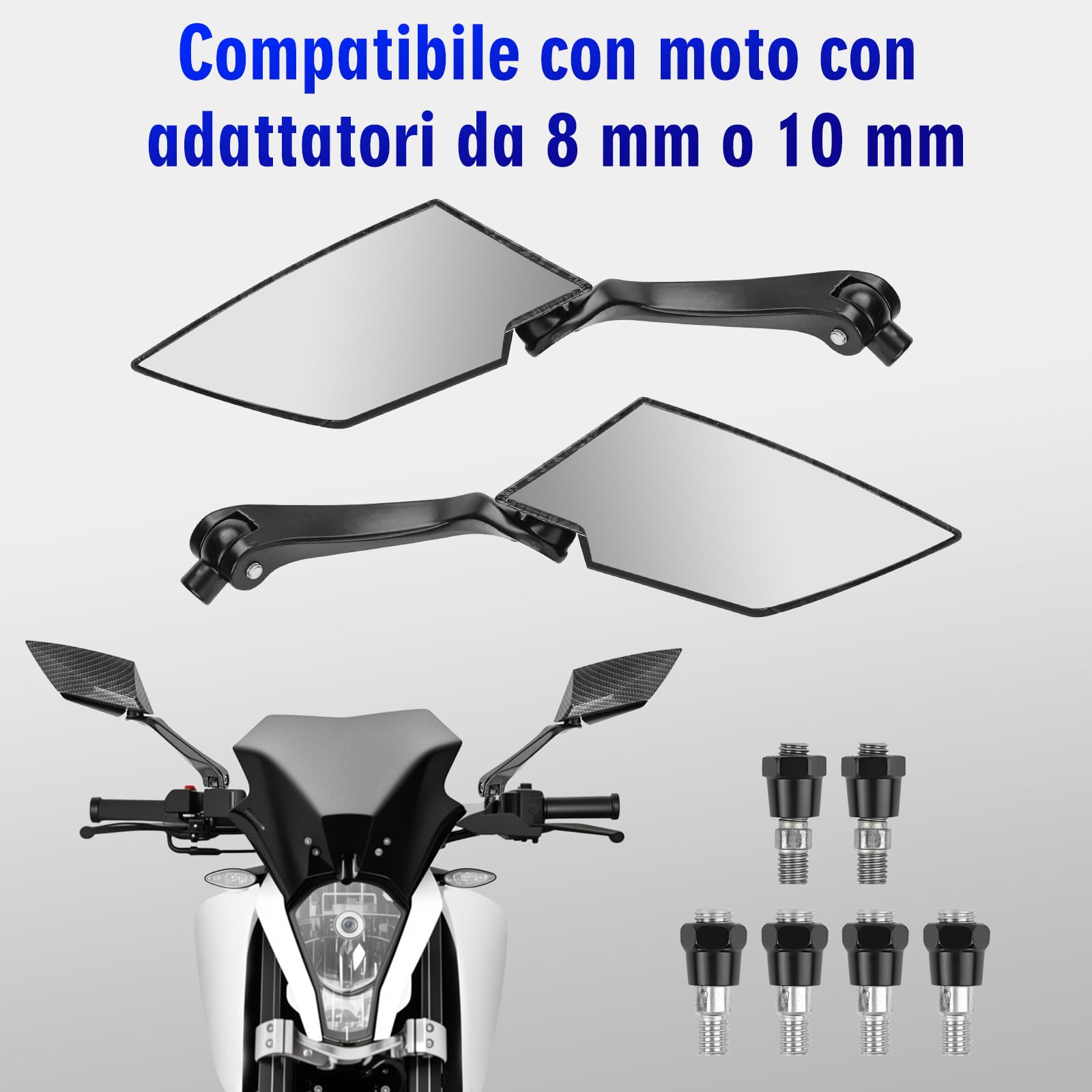 Riloer Set di 2 Specchietti moto universali, Specchietti scooter, Coppia specchietti laterali per moto in fibra di carbonio nero da 8 / 10mm