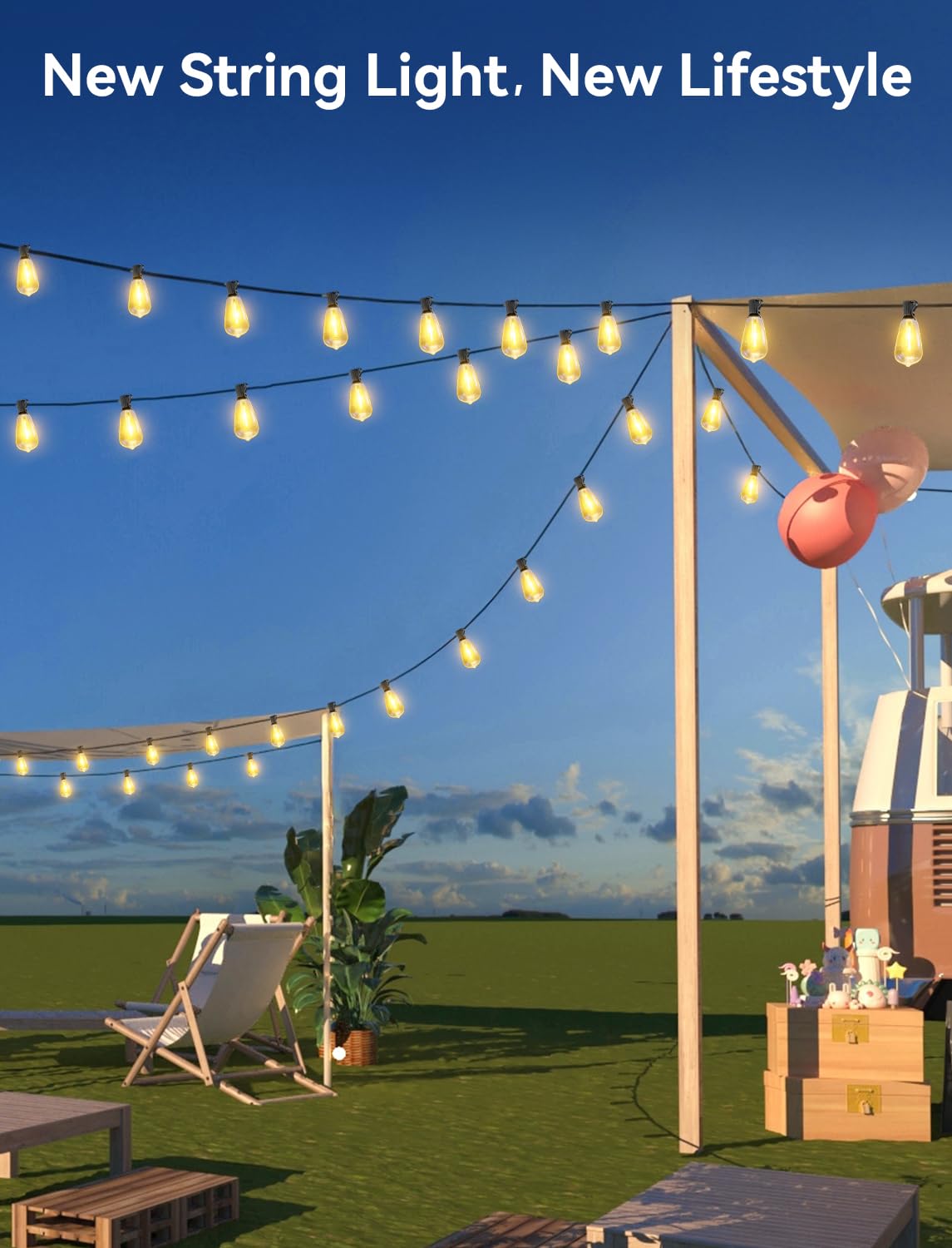 Brightever Solar-Lichterkette für den Außenbereich, wasserdicht, mit Fernbedienung, 55 + 2 bruchsichere ST38-LED-Leuchtmittel, dimmbar & 3 Beleuchtungsmodi, warmweiß, Solar-Terrassenleuchten für