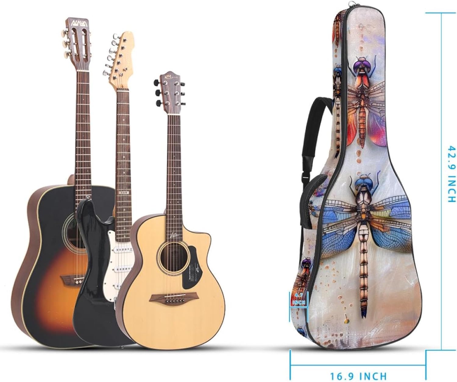Acoustic Guitar Bag, 40 41 42 Inch Guitar Case Cover Soft Guitar Gig Bag for Acoustic Electric Bass Classical Guitar, Dragonflies on Wooden Background