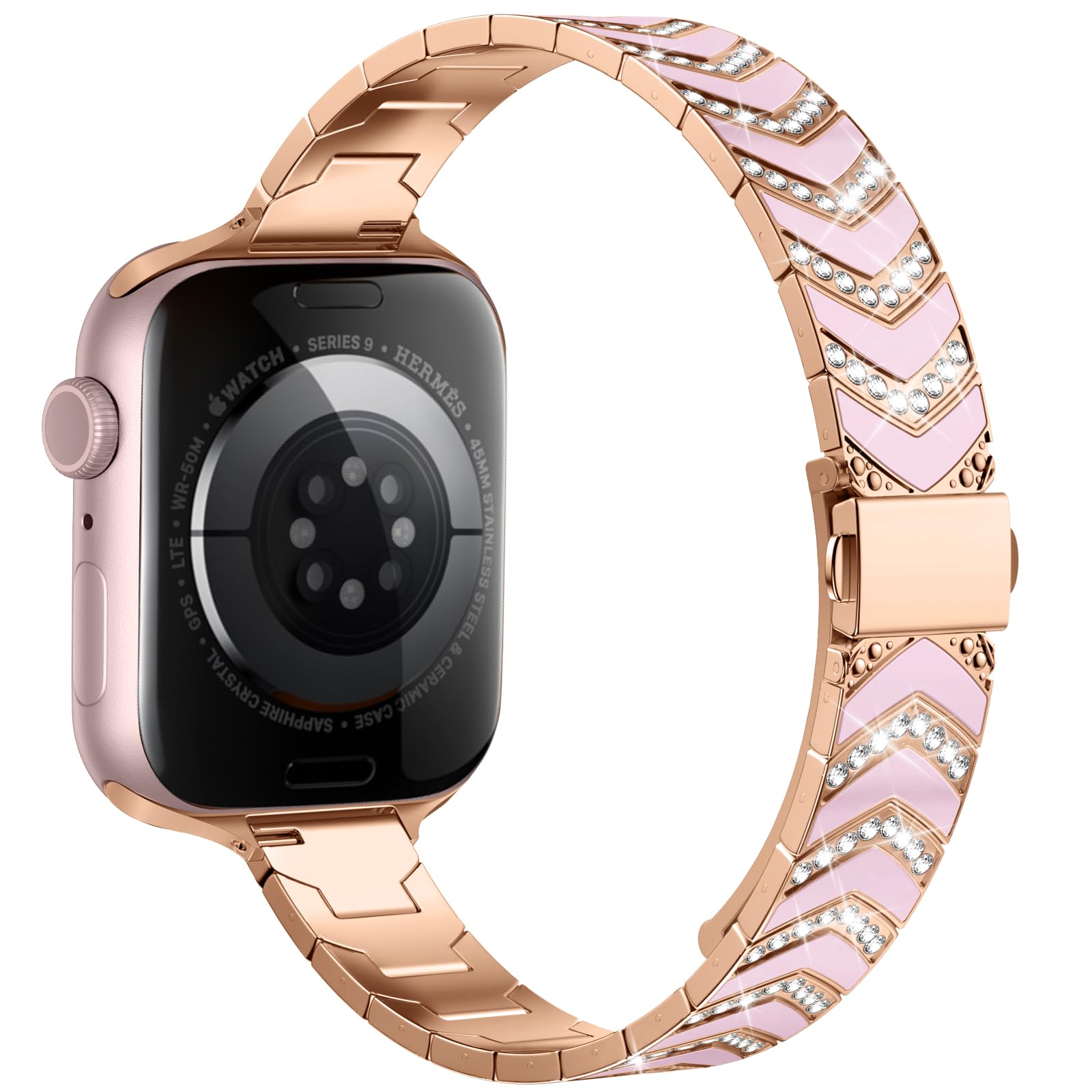 Omnillert Compatible with Apple Watch Band 38mm 40mm 41mm Women Girl, Elegant Strap Pretty Shiny Bracelet Dressy Stainless Steel Wristband for iWatch Series 9 8 7 6 5 4 3 2 1 SE Ultra, Rose Gold/Pink