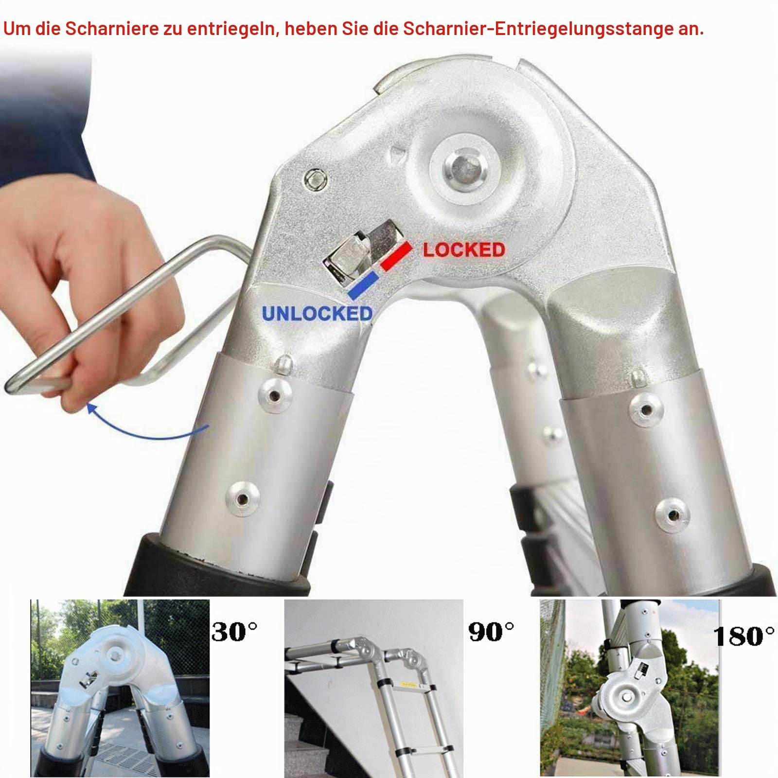 Teleskopleiter 5m mit Stabilisatorstange Aluleiter Klappleiter EN131-zertifizierte Klapp - und Anlegeleiter 16 Sprossen - 93cm bis 5m Anlegeleiter, 150 kg Belastbarkeit (2.5+2.5M)