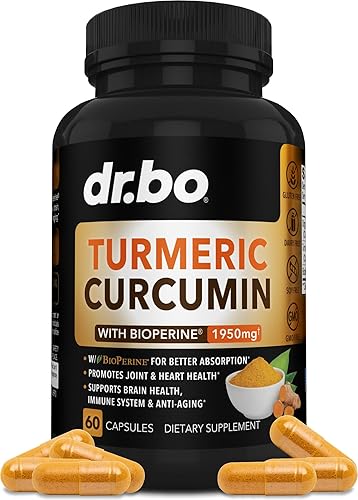 Curcumina de cúrcuma con cápsulas de suplemento BioPerine, suplementos naturales de apoyo articular con 1950 mg de cúrcuma Longa Pure Organic