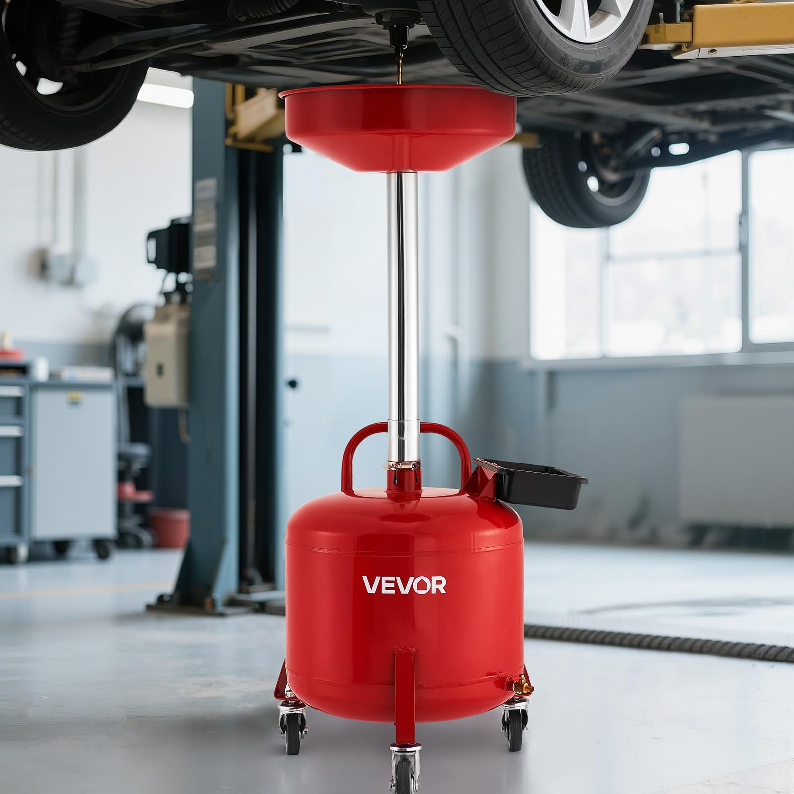 VEVOR Tanque de Drenaje de Aceite Usado, Drenaje de Aceite Manual Portátil 30 L con Embudo Ajustable, Ruedas, Caja de Herramientas, Drenador de Combustible para Taller de Reparación de Coches, Rojo
