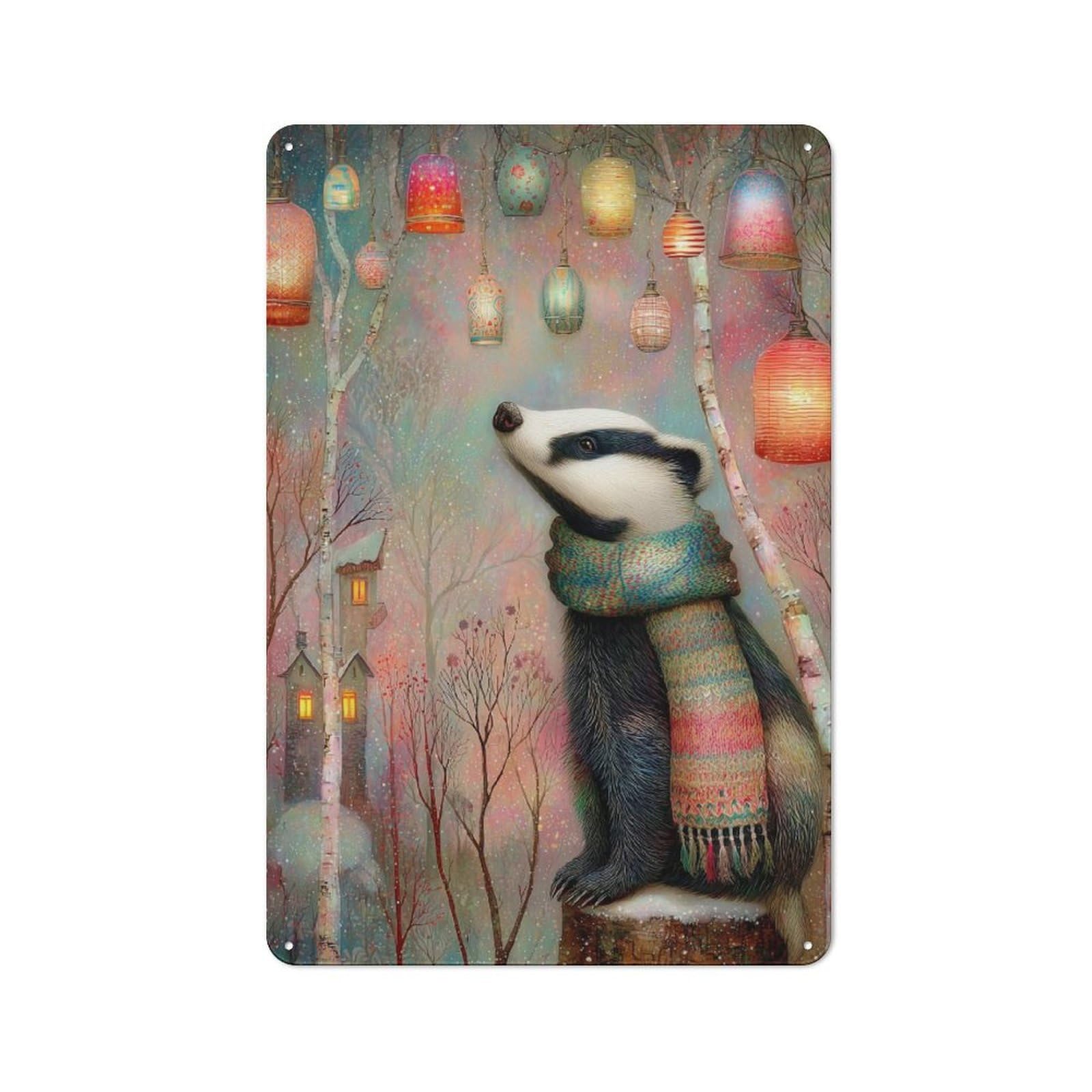 Junmoney Whimsical Winter Lanterns Tin Wall Plaque 30X20cm, Rustic Cottage Wall Art For Dining Room, Cafe, Entryway Or Family Room