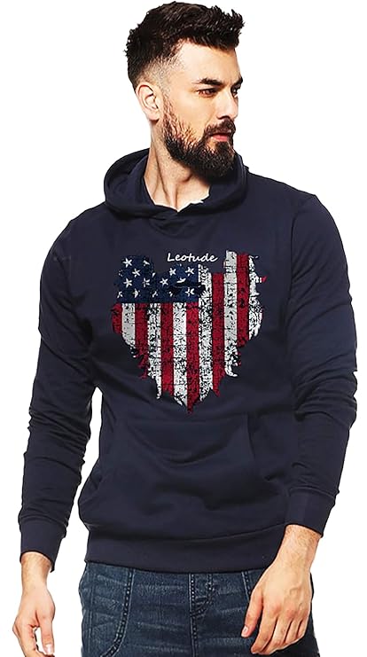 Men's Regular Fit Loopknit Printed Hooded Sweatshirt (Color Navy)