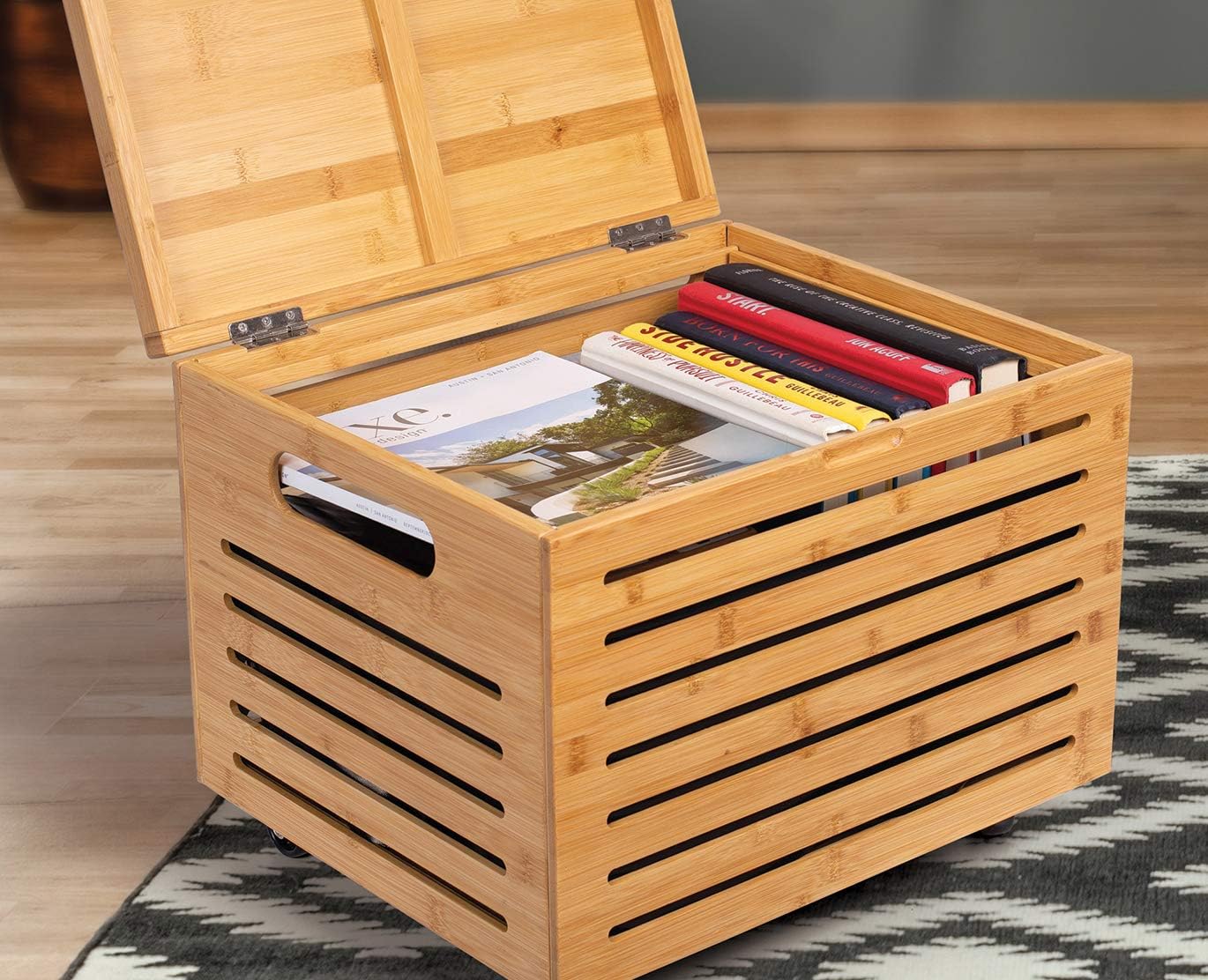Natural Bamboo Rolling File Storage Organizer with Lid