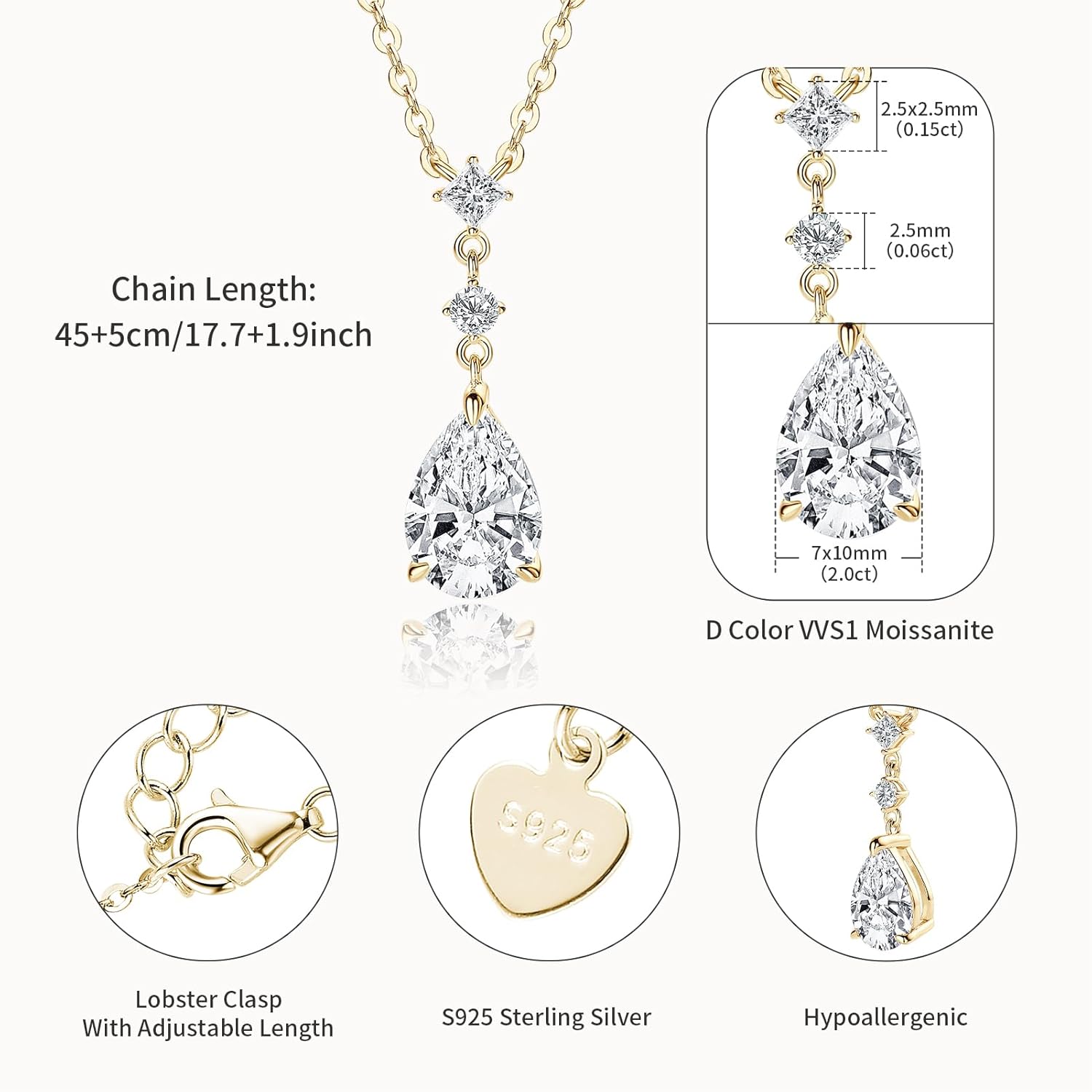 2CT Pear Cut Moissanite Pendant Necklace D Color VVS1 925 Sterling Silver Dainty Pendant for Women Wife Girlfriend Birthday Gifts - Image 3