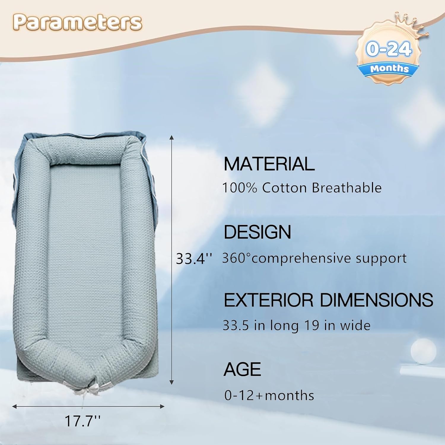 Baby Lounger 0-24 Months Portable,Infant Lounger for Newborn Soft Organic,Adjustable Baby Nest Breathable Fabric & 3D Support for Home & Trave,Newborn Essentials(Blue)
