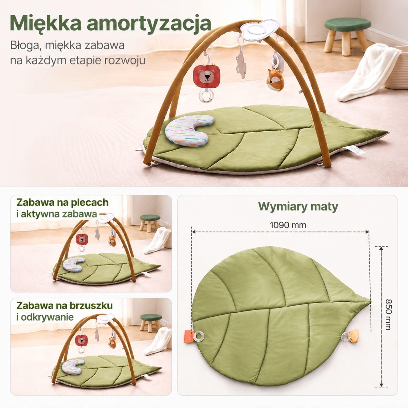 Mata aktywności z łukiem, 6 zawieszek, powierzchnia w kształcie liścia i poduszka brzuszna do domu