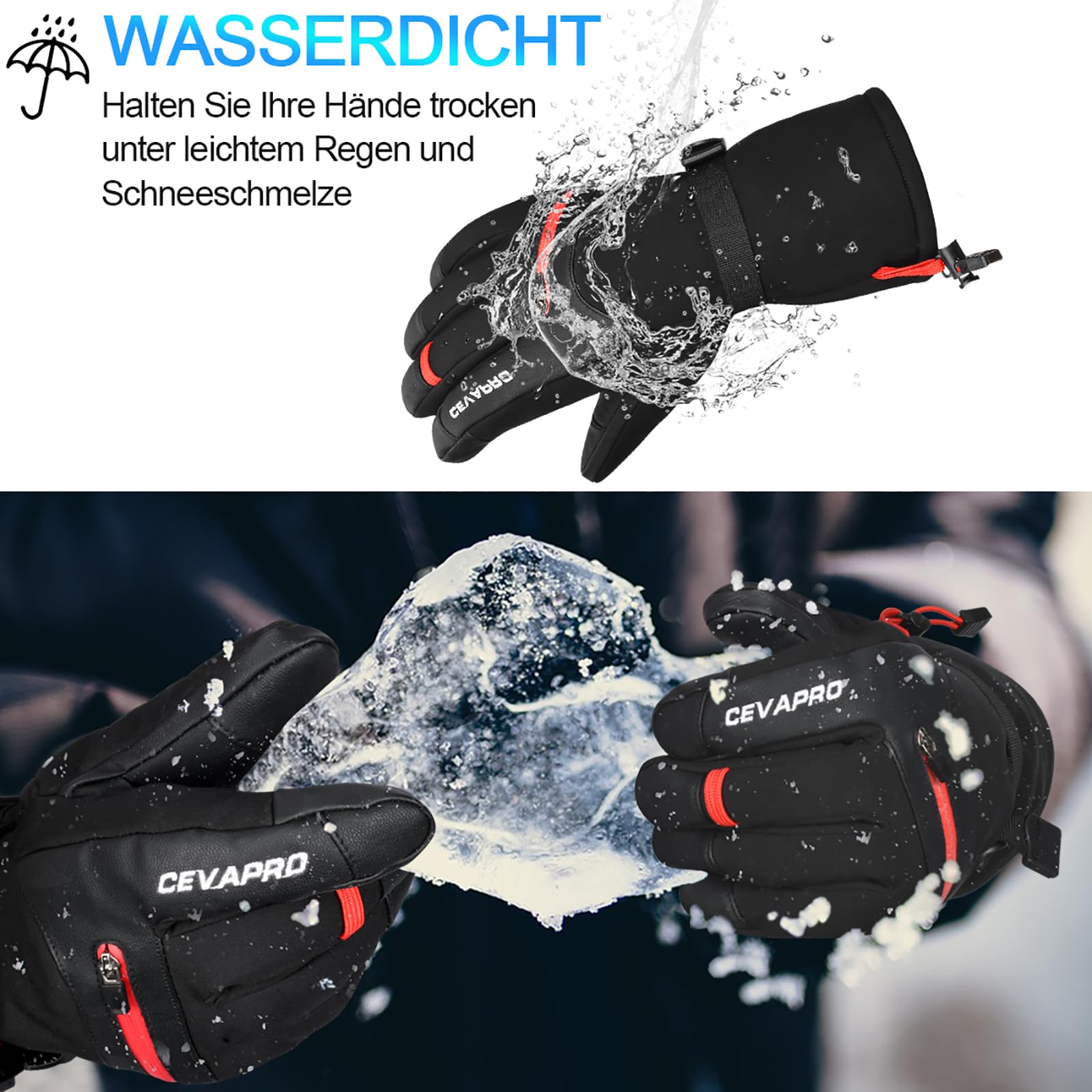 Cevapro Skihandschuhe Warme Winterhandschuhe wasserdichte Snowboard HandschuheTouchscreen Handschuhe für Herren Frauen zum Wintersport wie Skifahren Motorradfahren Fahrradfahren