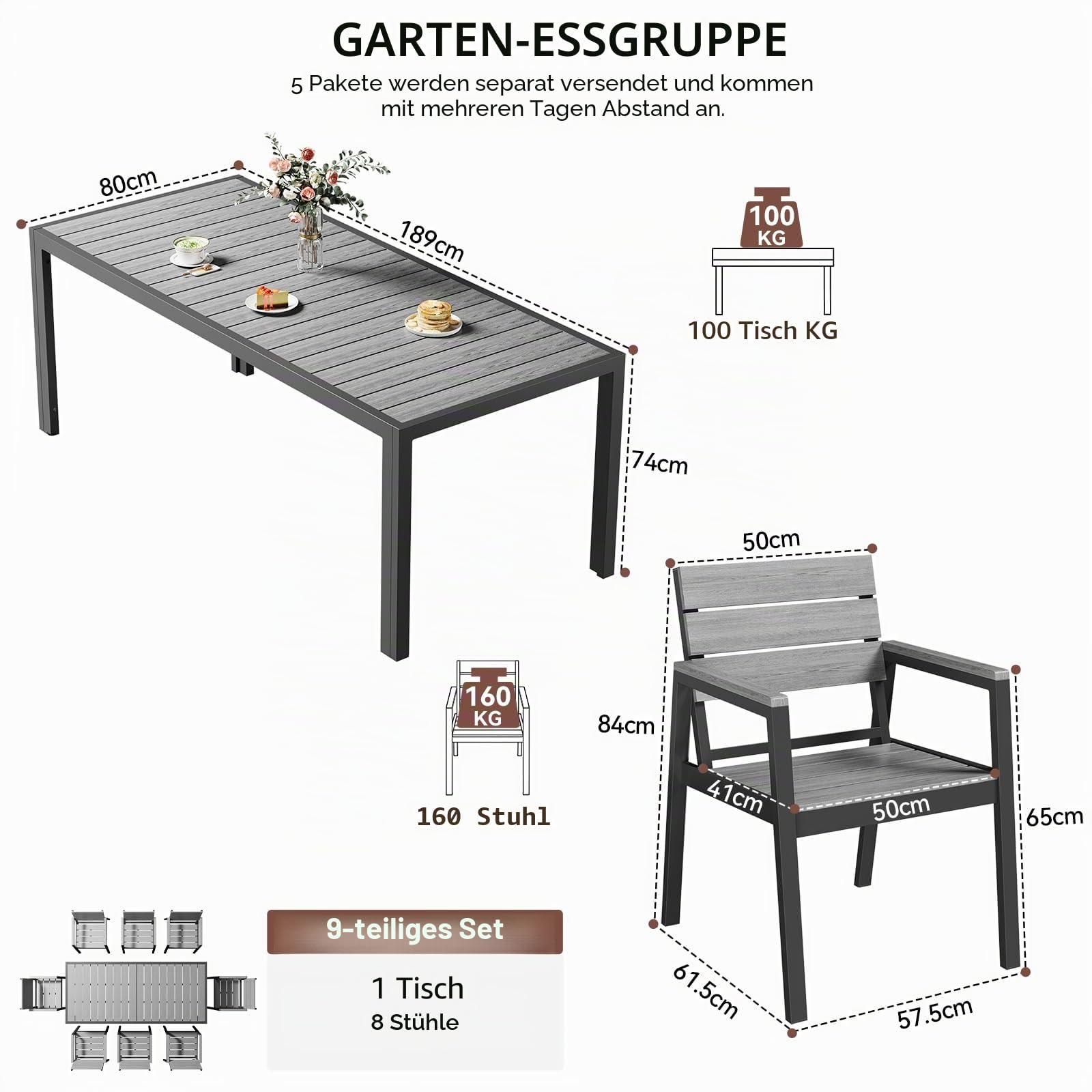 Devoko Gartenmöbel Set 8 stühle mit tischt, Hochwertiges Gartenset Tisch und stühle in Holzoptik, Balcony Furniture alu, Gartengarnitur wetterfest, rostfrei, leicht und langlebig, Dunkelgrau.