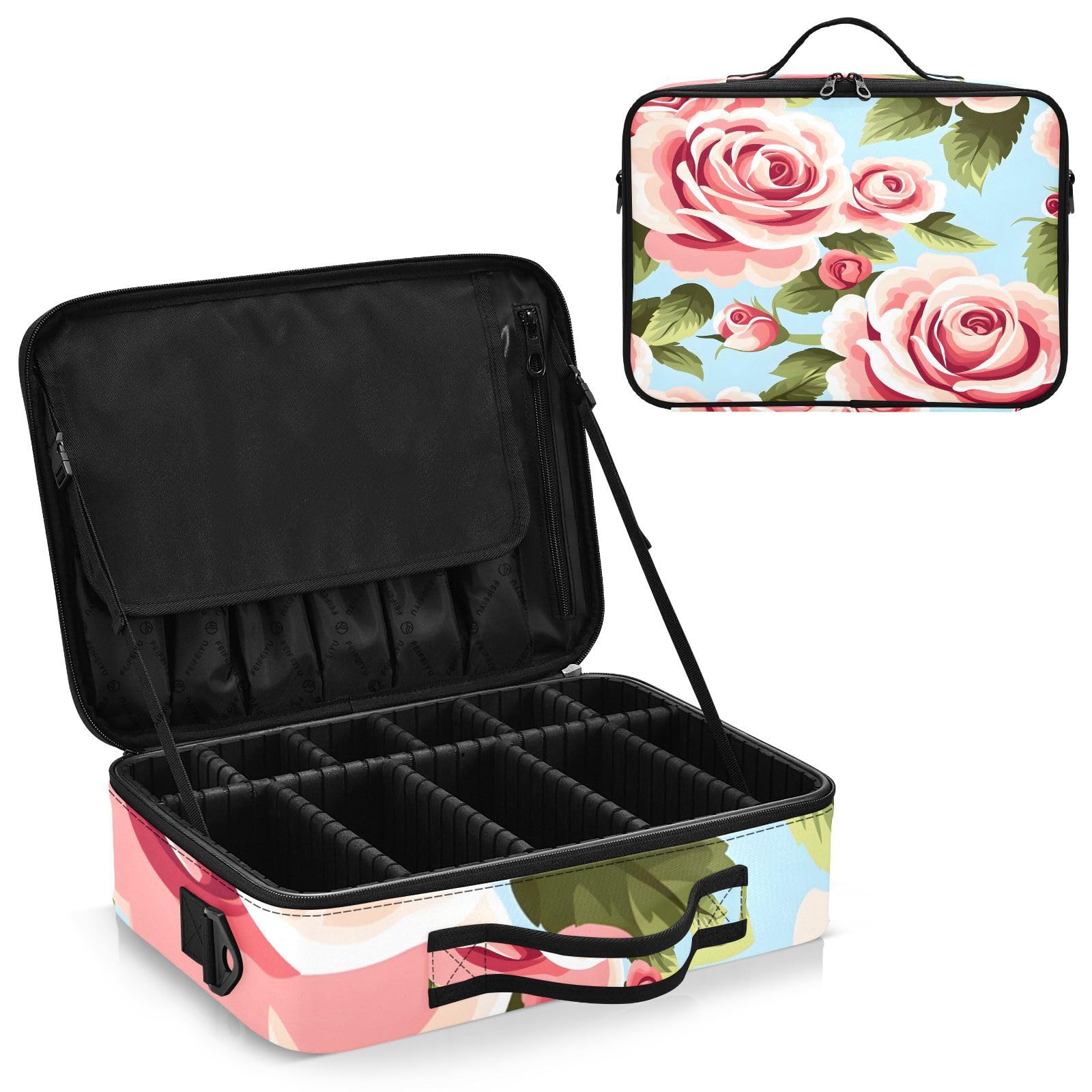 zyrtty Travel Makeup Train Case Coral Flower Green Leaves Plants Cosmetic Organizer Portable Storage Bag with Adjustable Dividers for Cosmetics Brushes Toiletry Jewelry Digital Accessories
